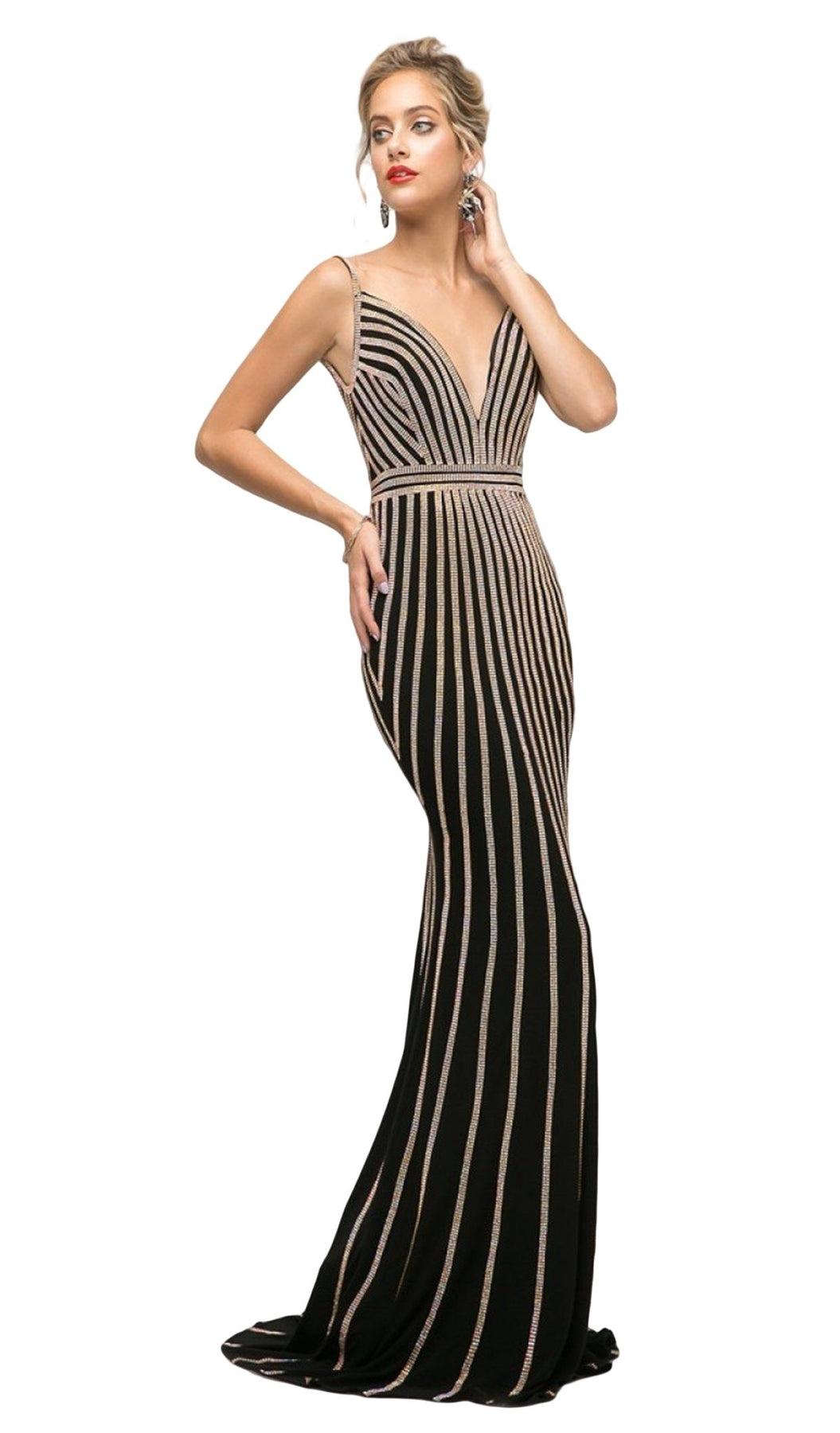 Cinderella Divine - UK017 Gold Beaded Stripe Sheath Gown In Black and Gold