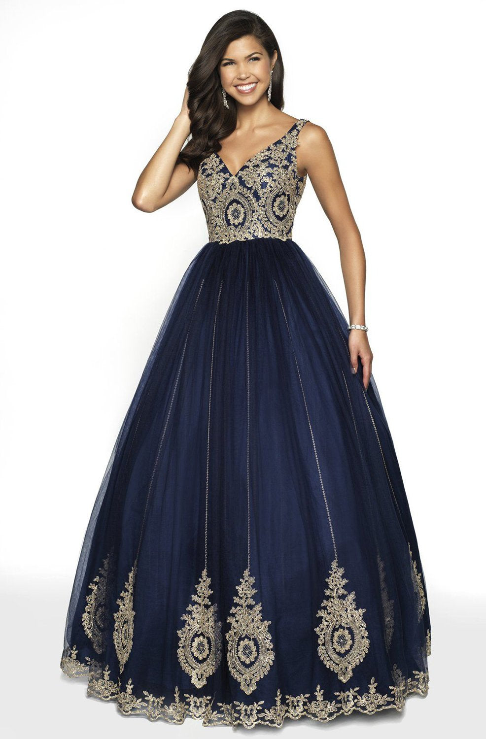Blush by Alexia Designs - 5710 Metallic Lace V-neck Tulle Ballgown In Blue and Gold