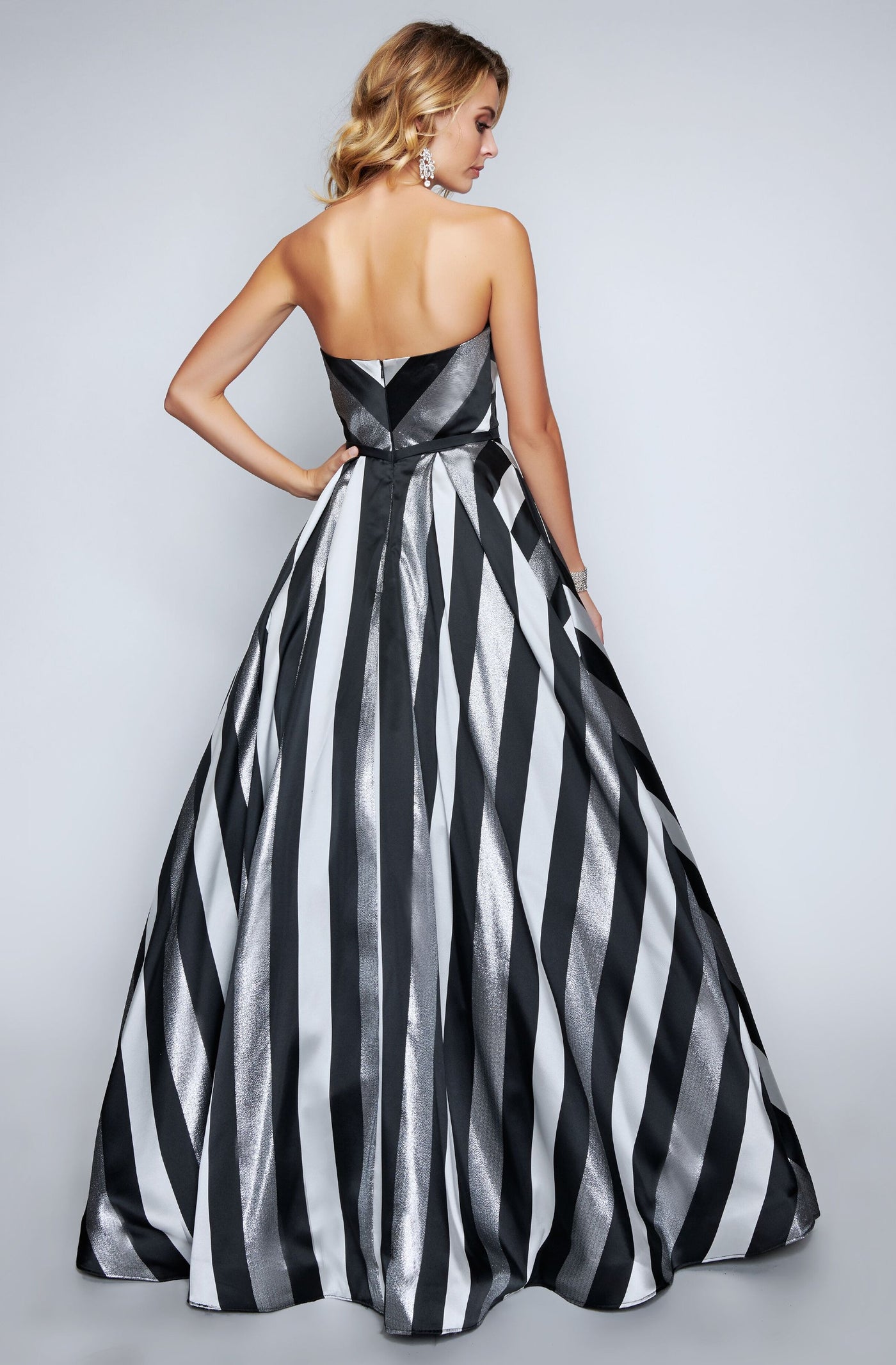 Nina Canacci - 1457 Strapless Stripes Evening Gown In Black and Multi-Color