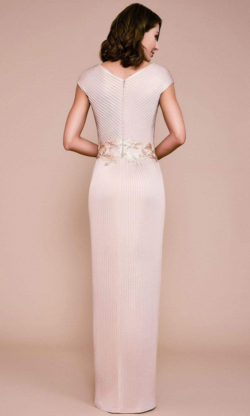 Tadashi Shoji - VG19292LSC Plunging V-Neck Pleated Jersey Long Gown In Champagne