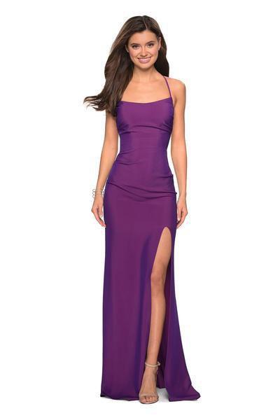La Femme - 27660 Plunging Back Ruched High Slit Gown In Purple