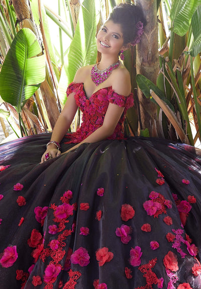 Vizcaya by Mori Lee - 34015 Floral Applique Off-Shoulder Tulle Gown Quinceanera Dresses 0 / Black/Multi