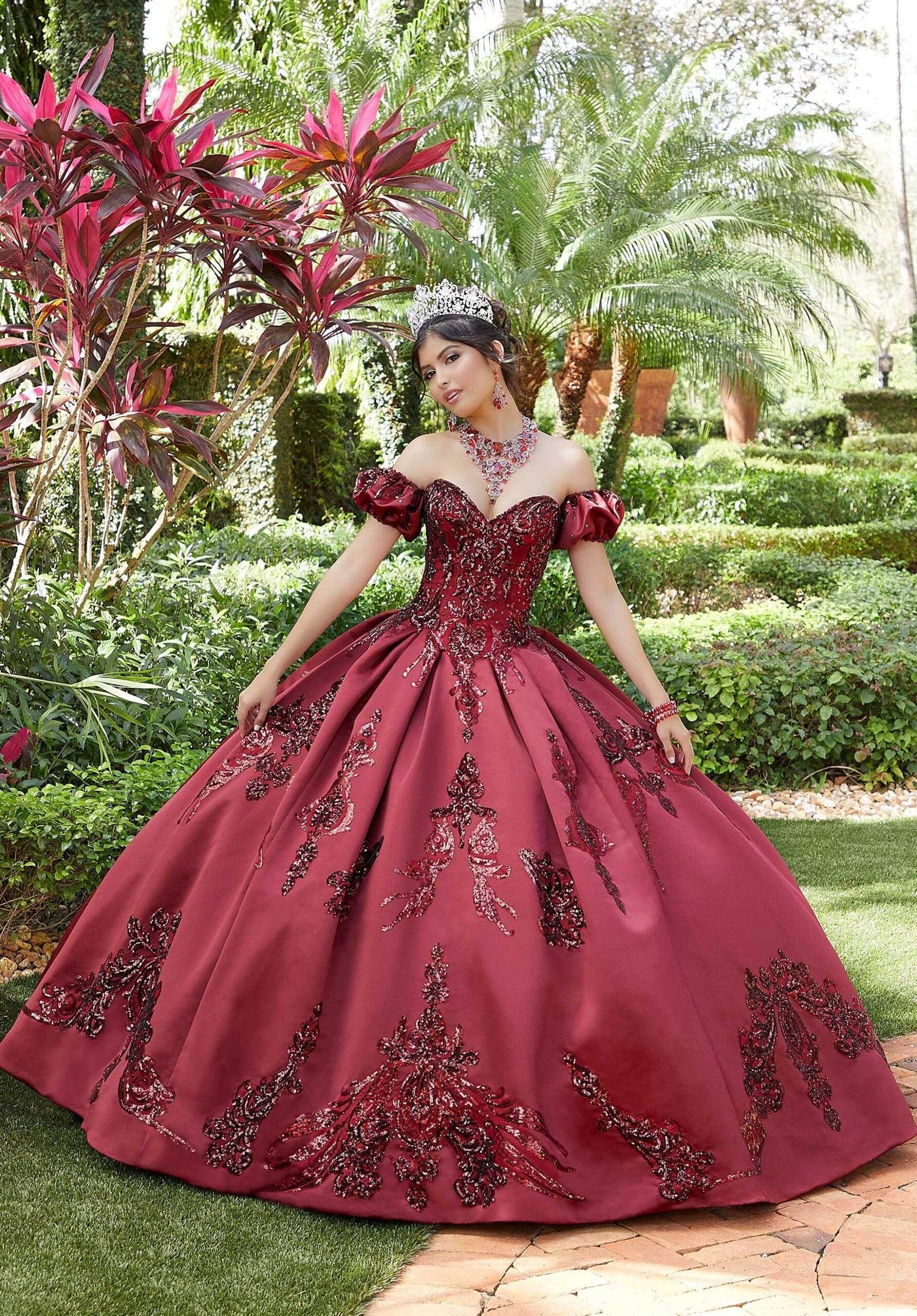 Vizcaya by Mori Lee - 60127 Strapless Crystal Beaded Satin Ballgown Quinceanera Dresses 0 / Sangria