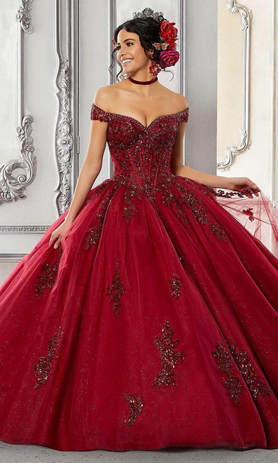 Vizcaya by Mori Lee - 60146 Appliqued Off Shoulder Ball Gown Quinceanera Dresses 00 / Wine