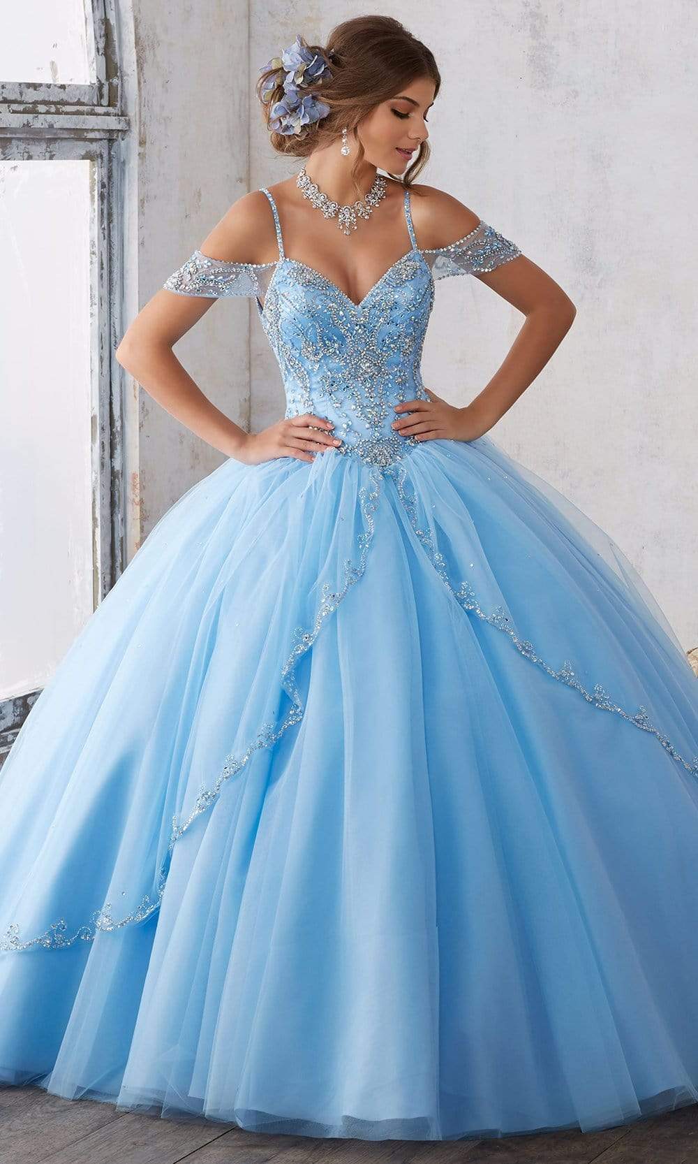 Vizcaya by Mori Lee - 89135 Jeweled Draped Off Shoulder Ballgown Quinceanera Dresses 00 / Bahama Blue