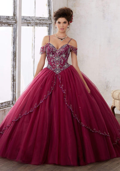 Vizcaya by Mori Lee - 89135 Jeweled Draped Off Shoulder Ballgown Quinceanera Dresses 00 / Black Cherry