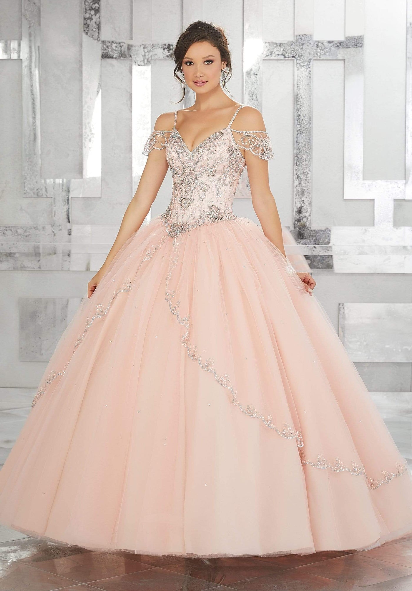 Vizcaya by Mori Lee - 89135 Jeweled Draped Off Shoulder Ballgown Quinceanera Dresses 00 / Blush
