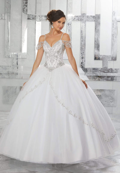 Vizcaya by Mori Lee - 89135 Jeweled Draped Off Shoulder Ballgown Quinceanera Dresses 00 / White