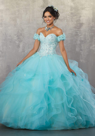 Vizcaya by Mori Lee - 89174 Floral Applique Off-Shoulder Tulle Gown Quinceanera Dresses 0 / Aqua/Champagne