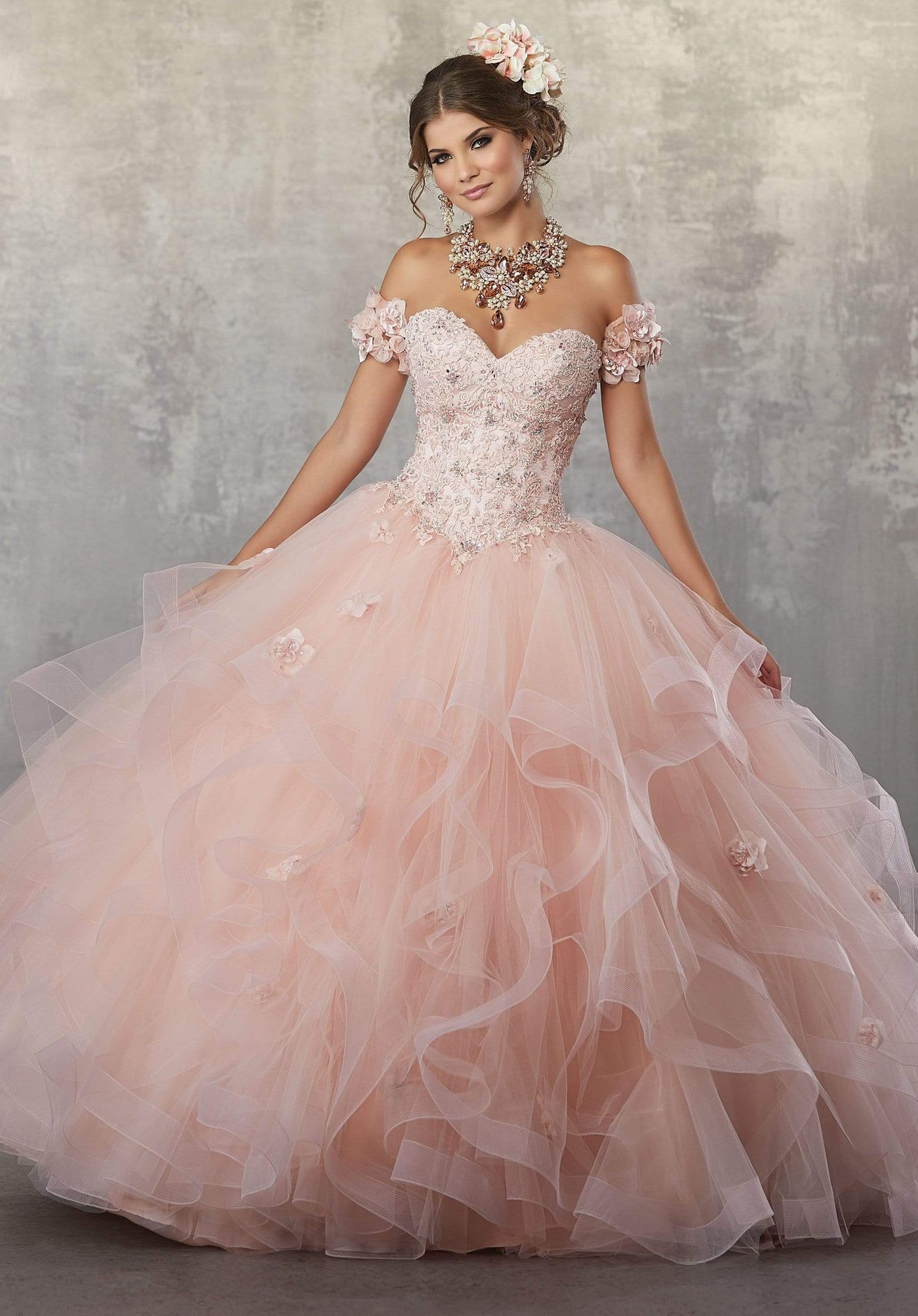 Vizcaya by Mori Lee - 89174 Floral Applique Off-Shoulder Tulle Gown Quinceanera Dresses 0 / Blush