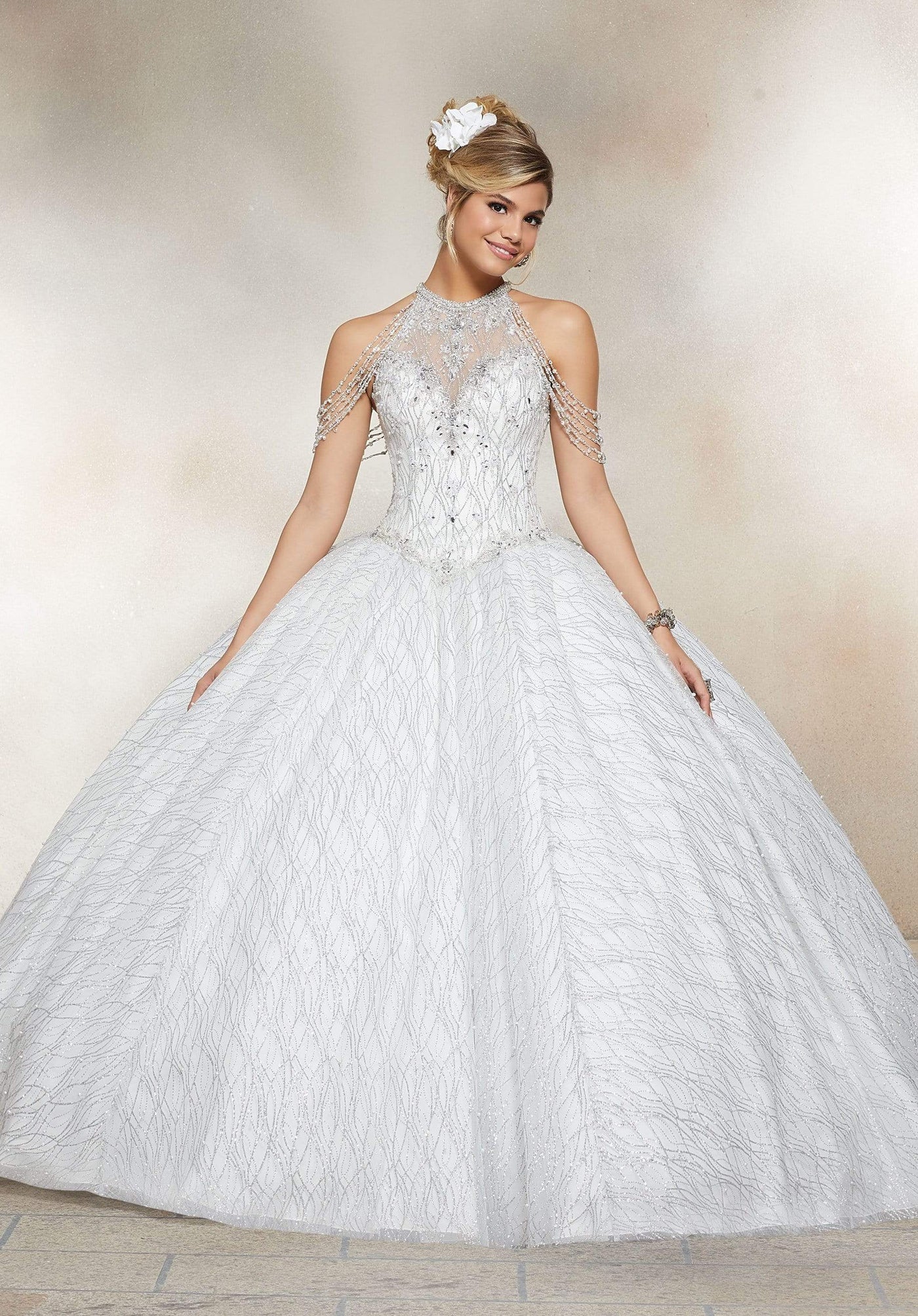 Vizcaya by Mori Lee - 89221 Chandelier Garlanded Halter Ballgown Quinceanera Dresses 0 / Ivory/Silver