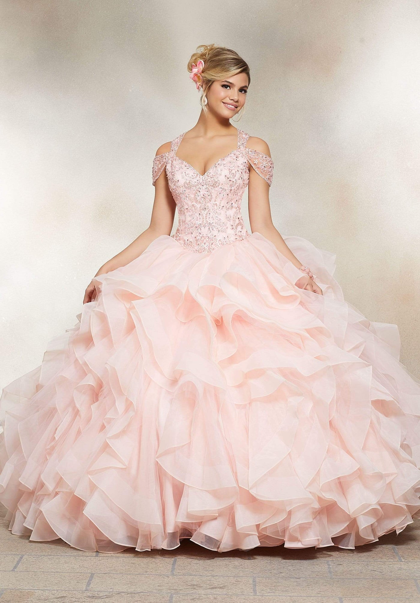 Vizcaya by Mori Lee - 89226 Crystal Beaded Cold Shoulder Ballgown Quinceanera Dresses 0 / Blush