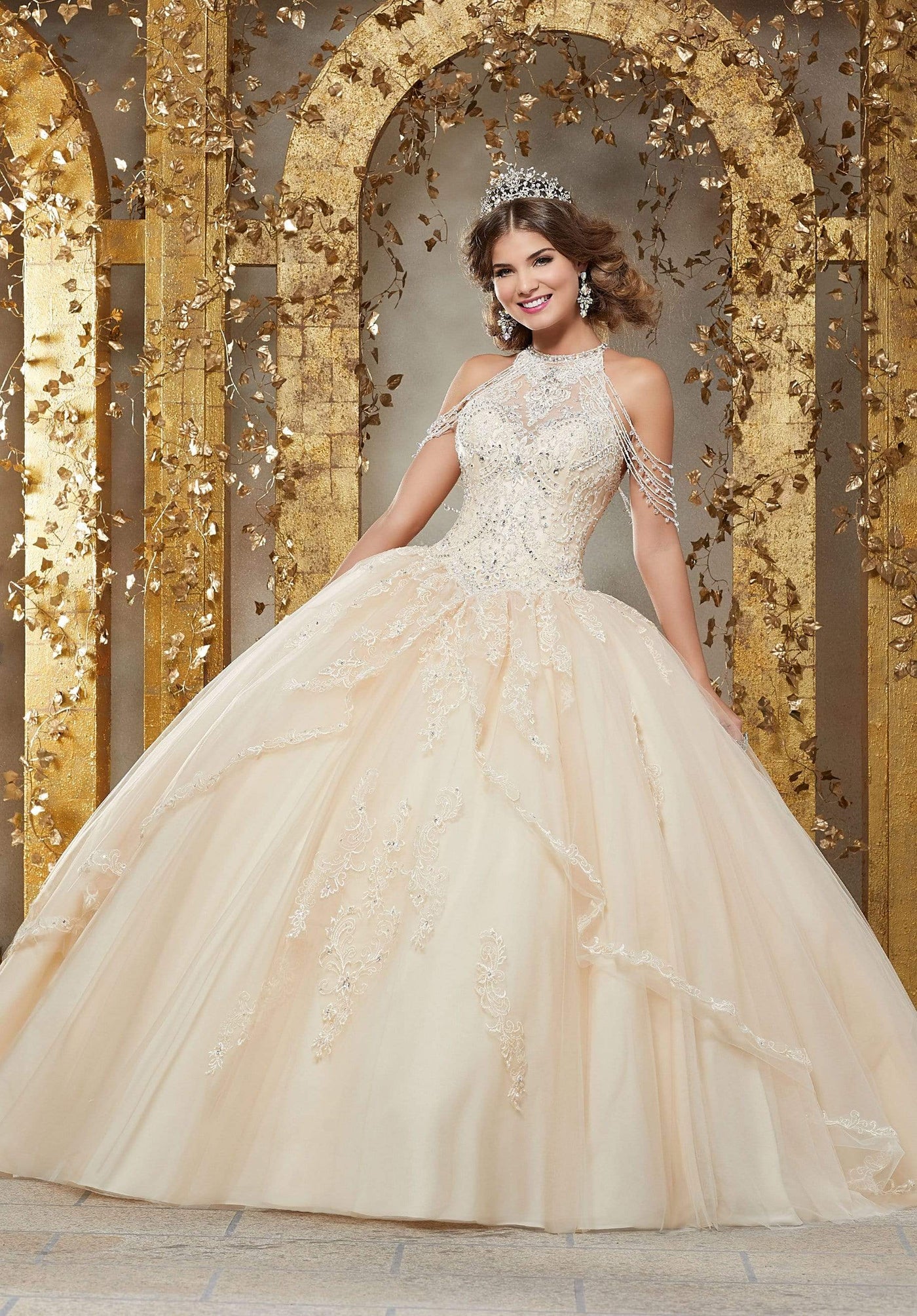 Vizcaya by Mori Lee - 89227 Crystal Beaded Halter Neck Tulle Ballgown Quinceanera Dresses 0 / Champagne/Nude