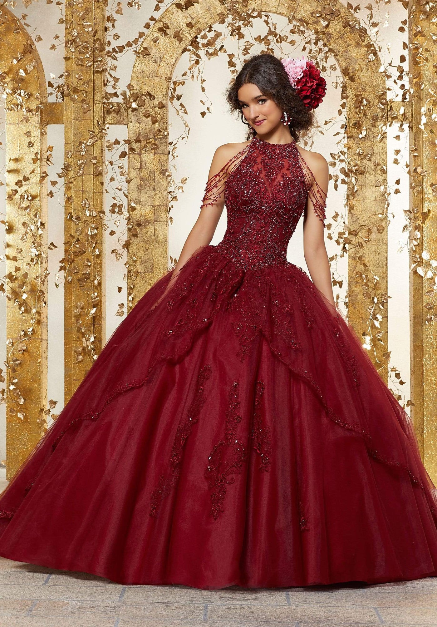 Vizcaya by Mori Lee - 89227 Crystal Beaded Halter Neck Tulle Ballgown Quinceanera Dresses 0 / Sangria