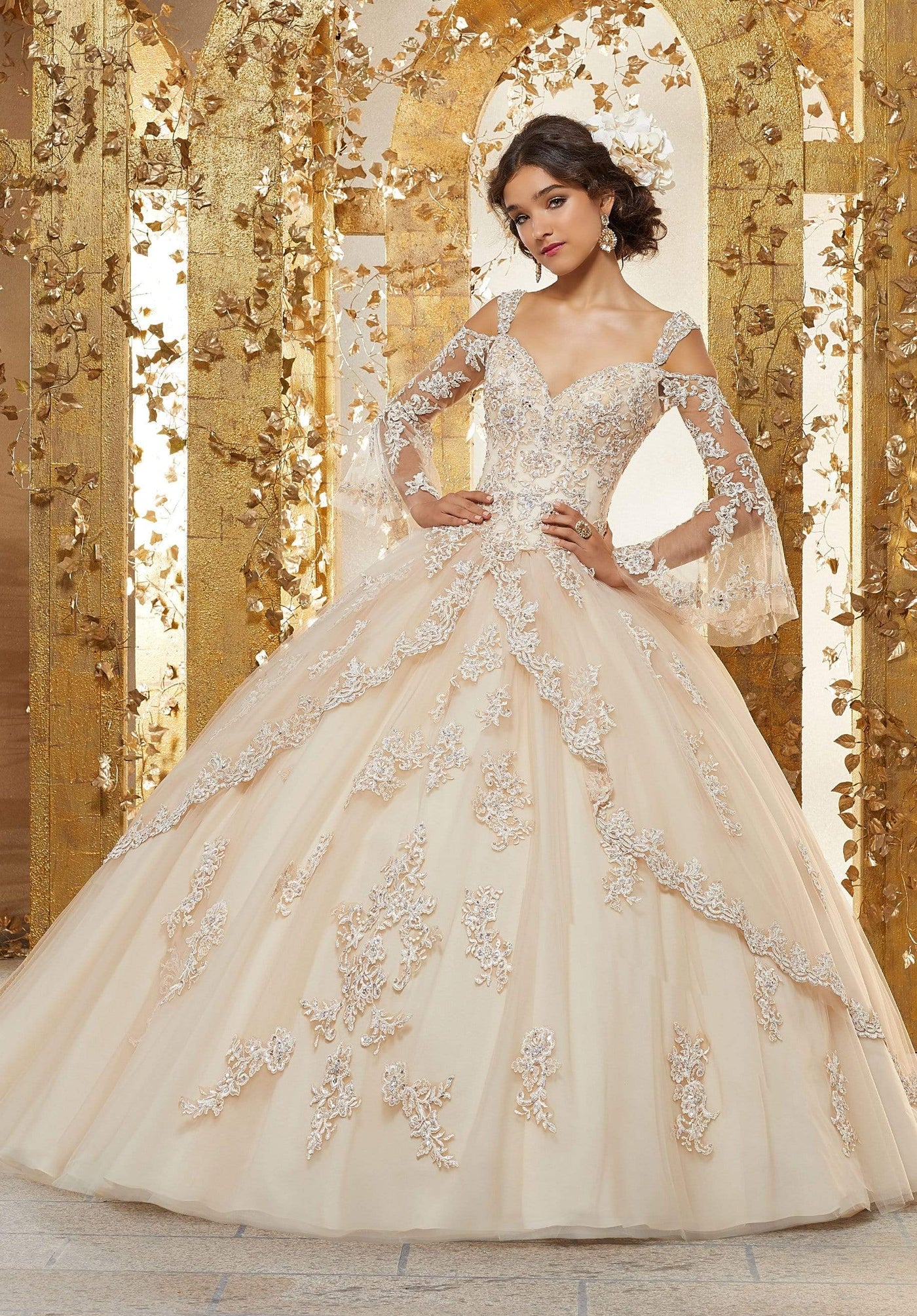 Vizcaya by Mori Lee - 89228 Embellished Off-Shoulder Tulle Ballgown Quinceanera Dresses 0 / Champagne/Nude