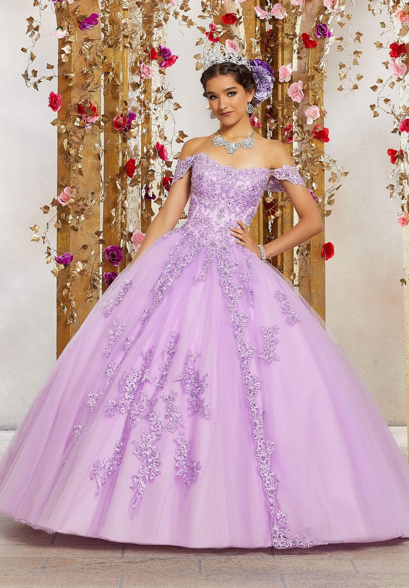 Vizcaya by Mori Lee - 89231 Draped Off Shoulder Tulle Ballgown Quinceanera Dresses 0 / Light Purple