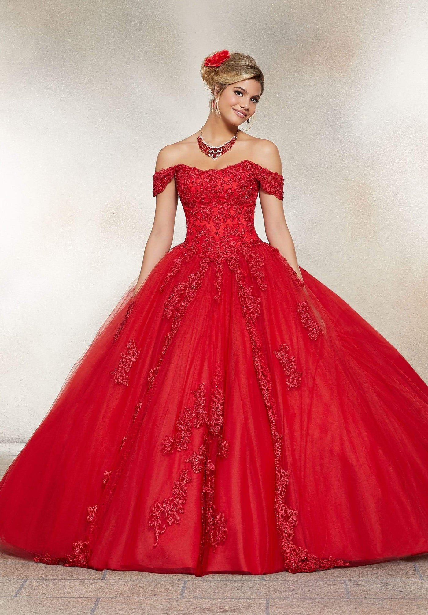 Vizcaya by Mori Lee - 89231 Draped Off Shoulder Tulle Ballgown Quinceanera Dresses 0 / Scarlet