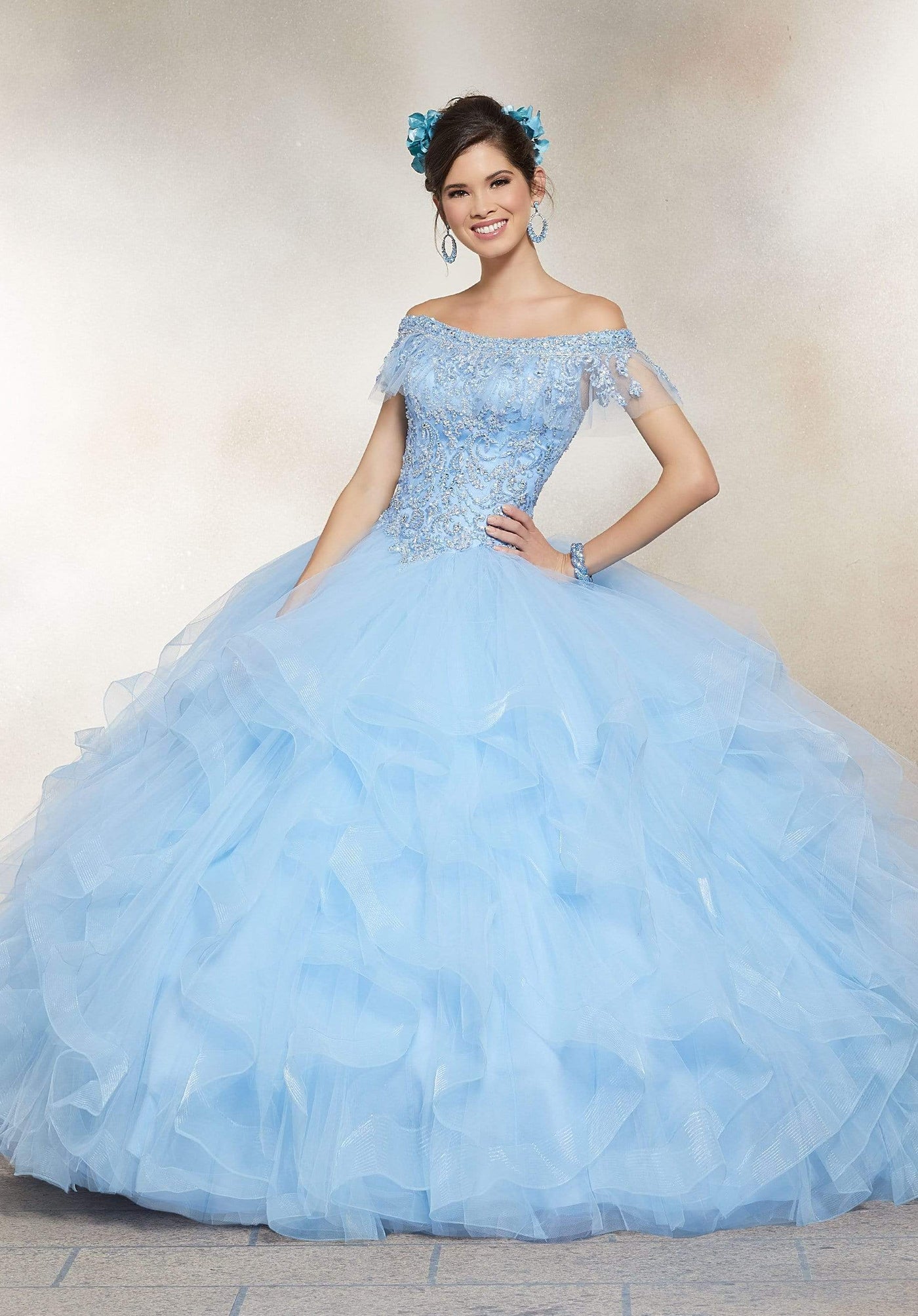 Vizcaya by Mori Lee - 89237 Off Shoulder Flounced Tulle Ballgown Quinceanera Dresses 0 / Bahama Blue