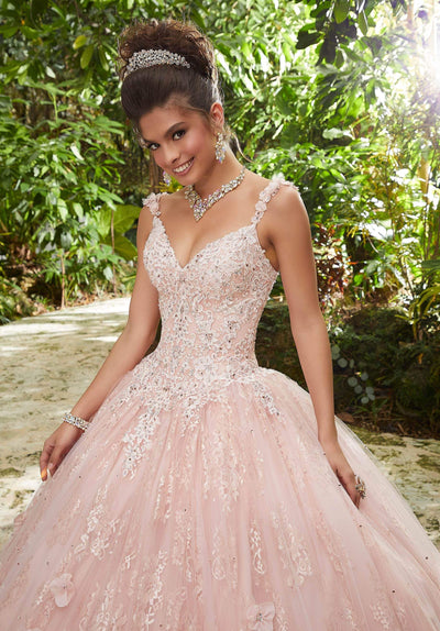 Vizcaya by Mori Lee - 89250 Floral Applique V-neck Tulle Ballgown Quinceanera Dresses 0 / Blush