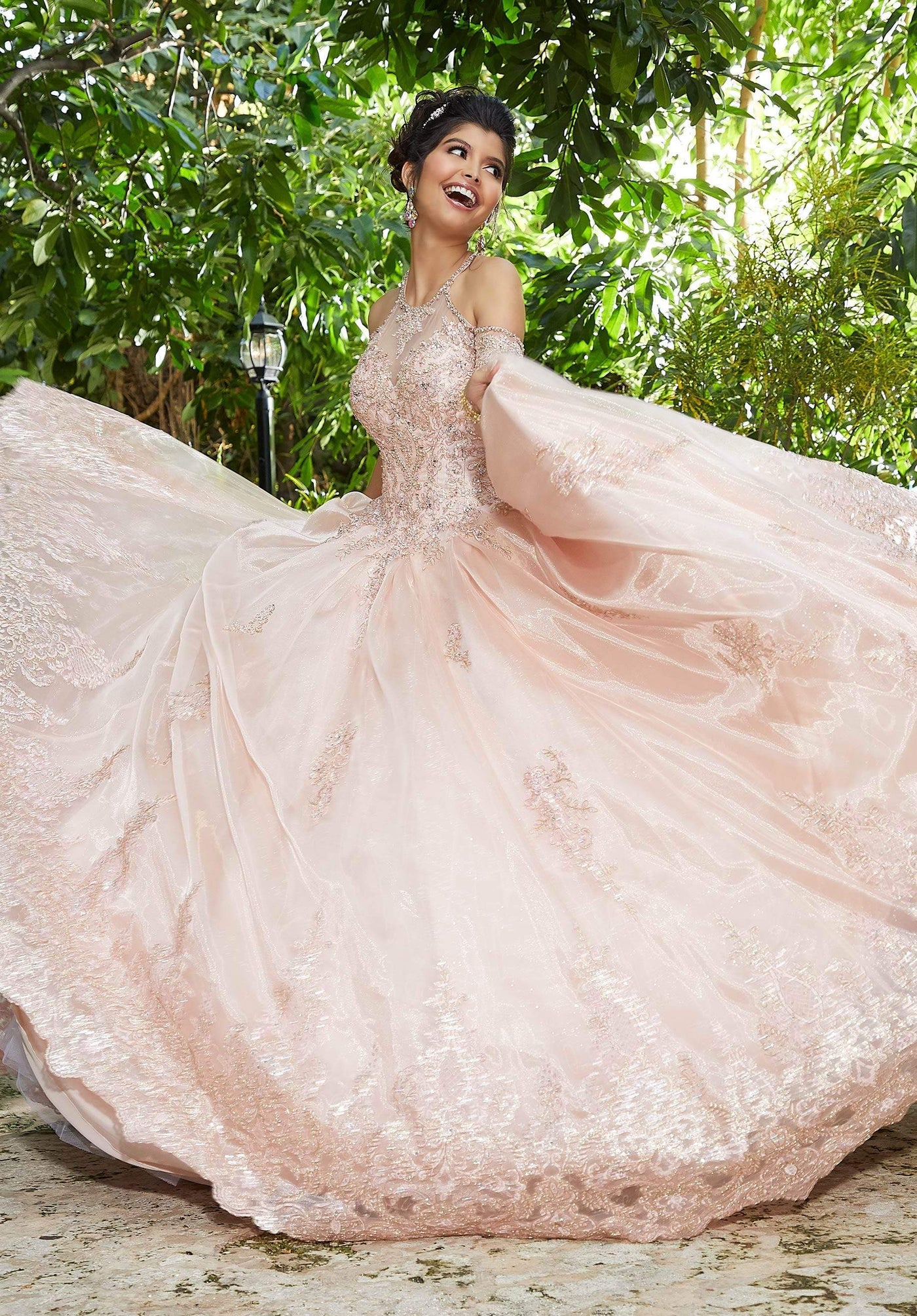 Vizcaya by Mori Lee - 89252 Illusion Halter Corded Lace Ballgown Quinceanera Dresses 0 / Rose Gold