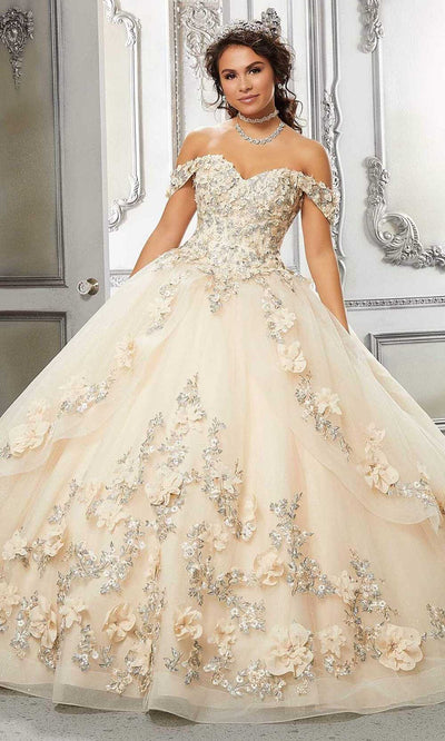 Vizcaya by Mori Lee - 89318 Floral Accented Tulle Ballgown Quinceanera Dresses 00 / Champagne