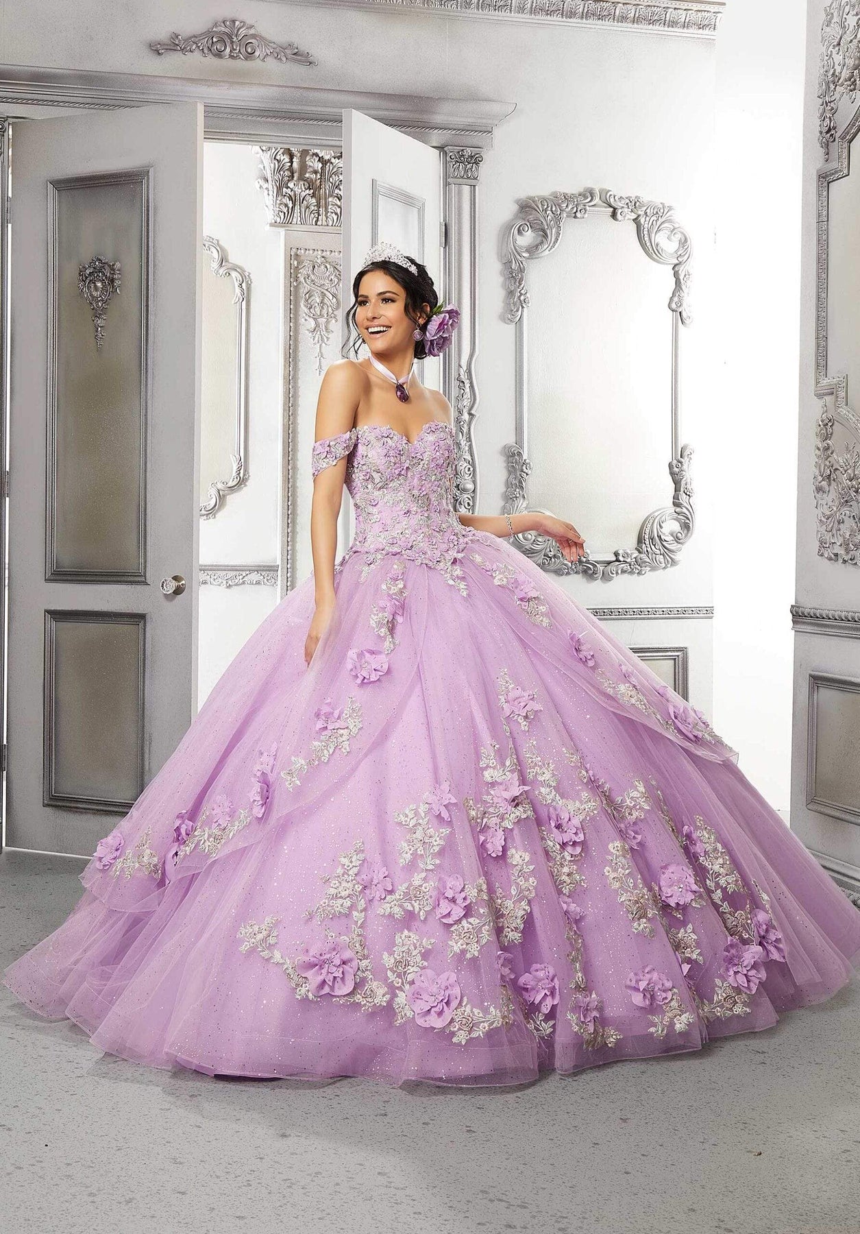 Vizcaya by Mori Lee - 89318 Floral Accented Tulle Ballgown Quinceanera Dresses 00 / Orchid