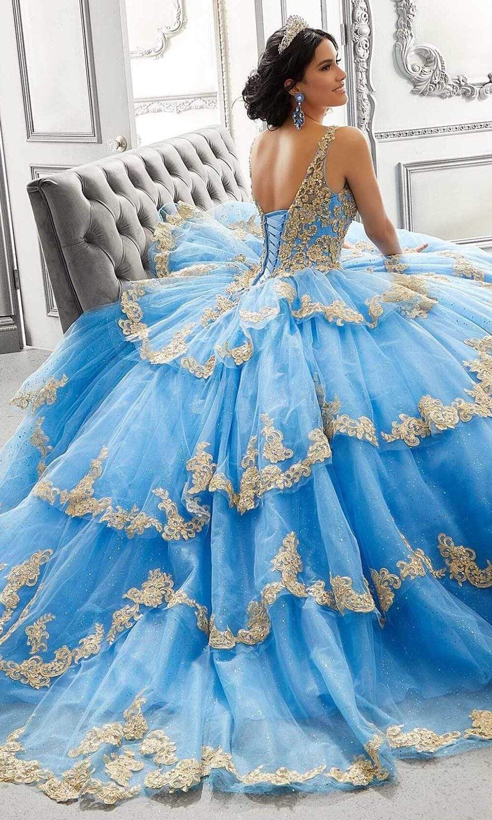 Vizcaya by Mori Lee 89324 - Long Tulle Ballgown Dress - Thin Straps, Appliques, Beaded, Glitter, Lace, Floor Length, Mid-Open Back, Lace Up Back 14 / Vizcaya by Mori Lee 89324 - Long Tulle Ballgown Dress - Thin Straps, Appliques, Beaded, Glitter, Lace, Floor Length, Mid-Open Back, Lace Up Back 14 /