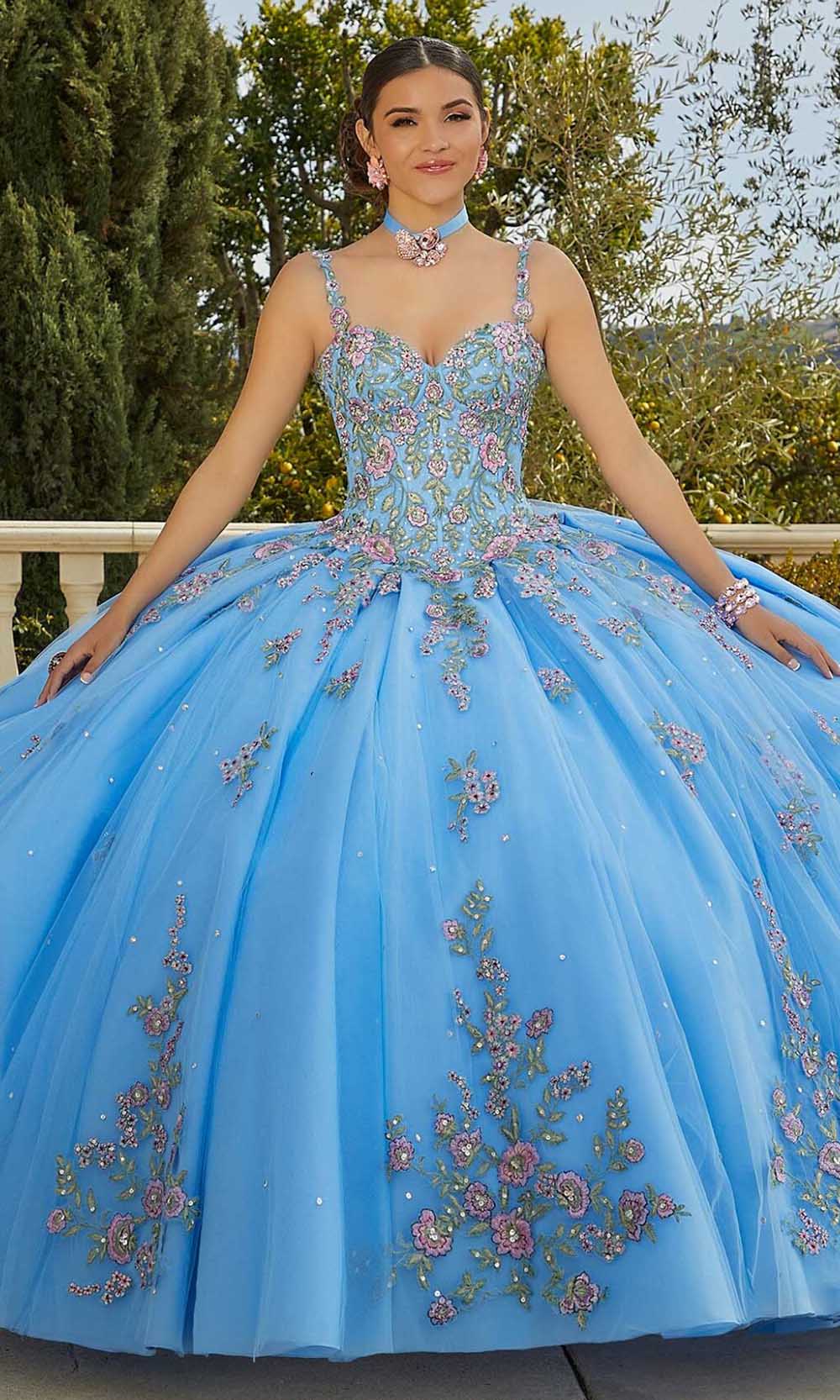 Vizcaya by Mori Lee 89435 - Floral Applique Ballgown 00 / French Blue/Multi