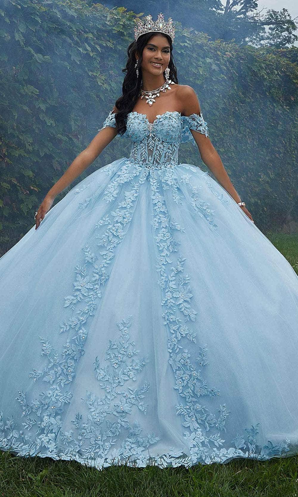 Vizcaya by Mori Lee 89454 - Embroidered Detachable Off-Shoulder Ballgown Ball Gown 00 /  Light Blue