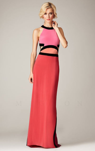 Mignon - VM918BL Halter Color Block Cutout Gown in Pink and Orange