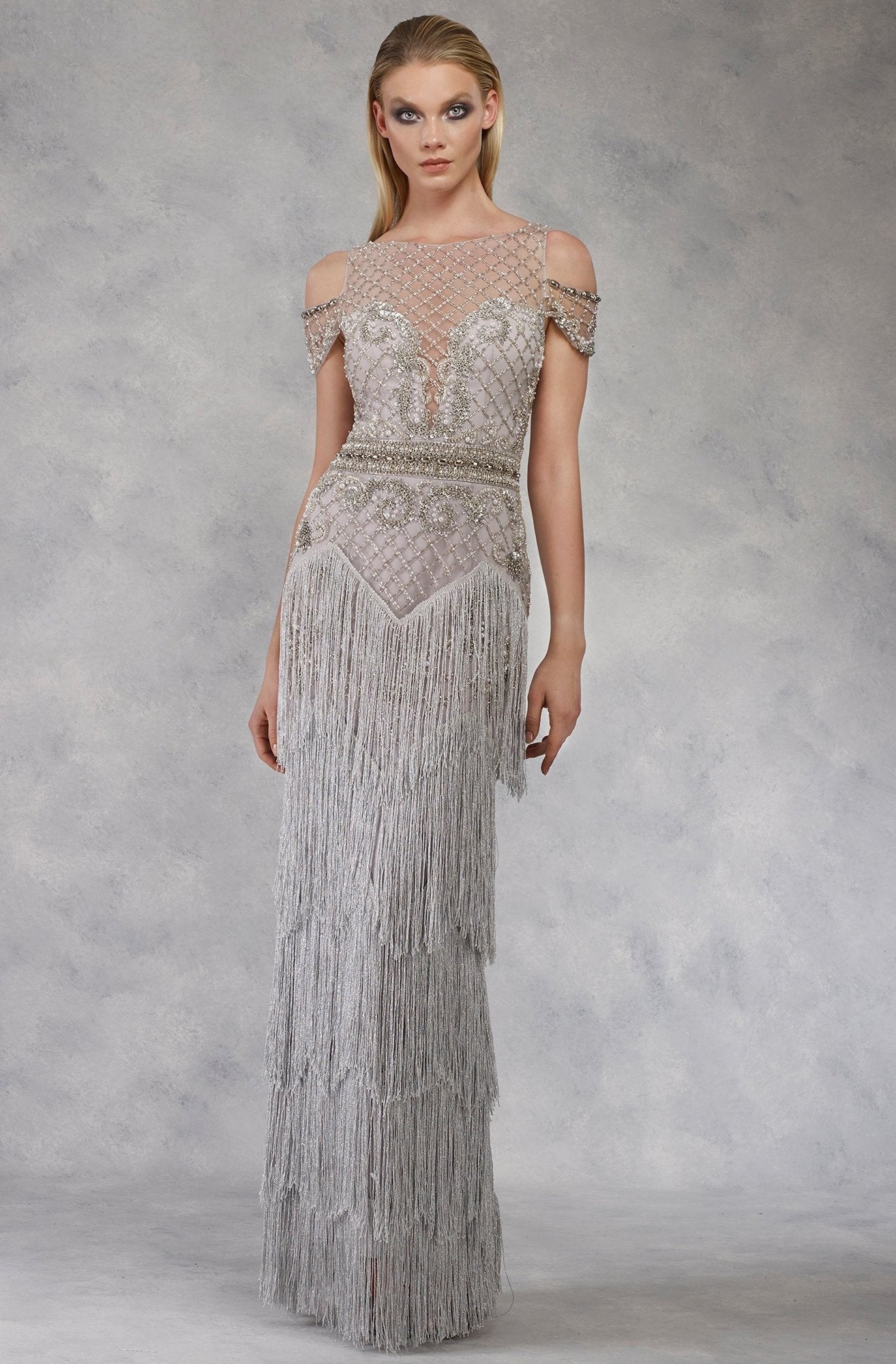 Janique - Lattice Beaded Illusion Bateau Fringe Gown W1683 In Silver and Gray