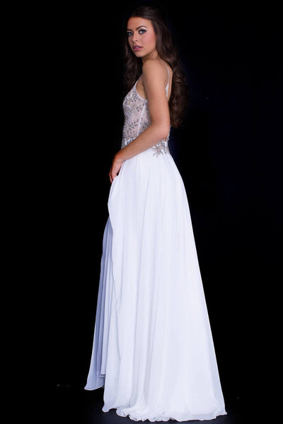 Jovani - JVN55885 Jewel Adorned Plunging Illusion Gown in White
