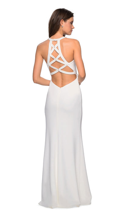 La Femme - Crisscross-Designed Racerback Long Gown 26997 in White