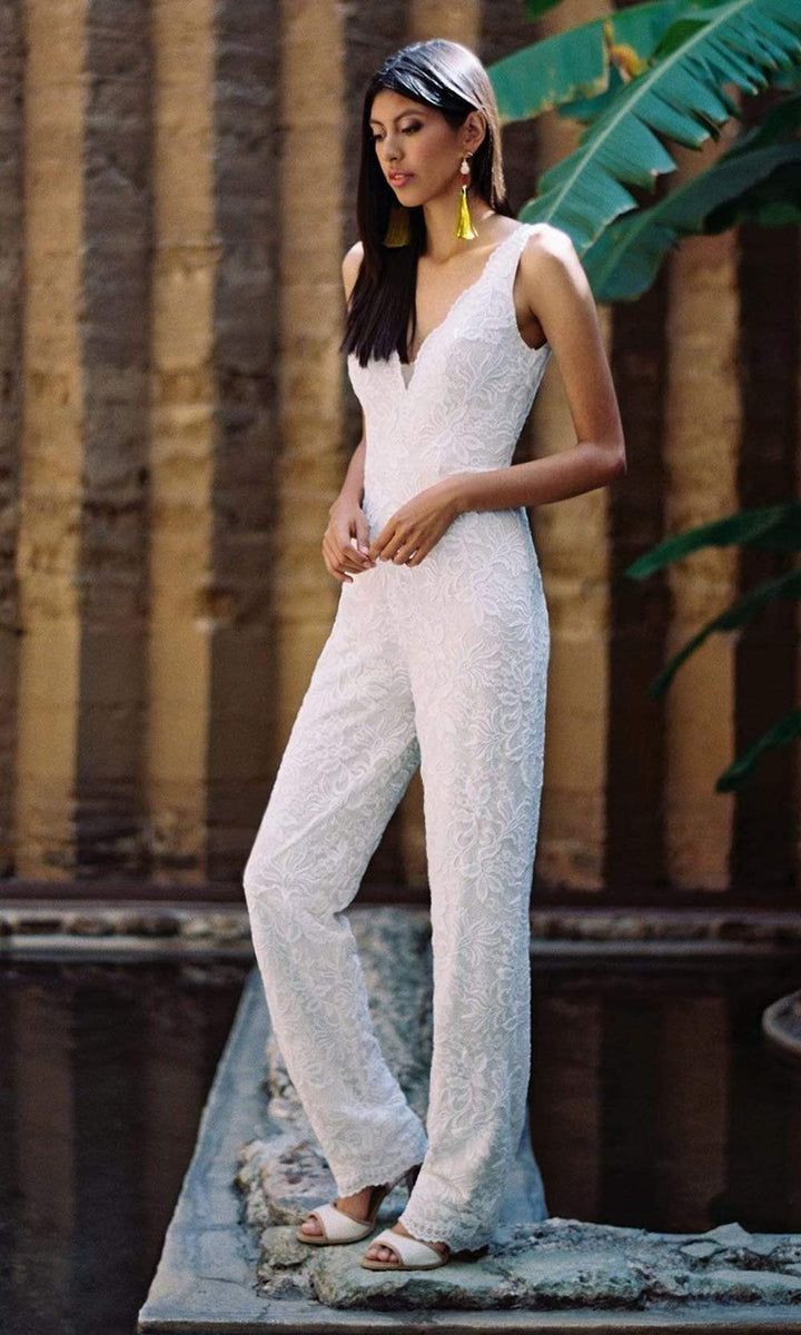 Wilderly Bride by Allure Bridals - F140SC V-Neck Fitted Lace Jumpsuit ADASA Wilderly Bride by Allure Bridals - F140SC V-Neck Fitted Lace Jumpsuit ADASA