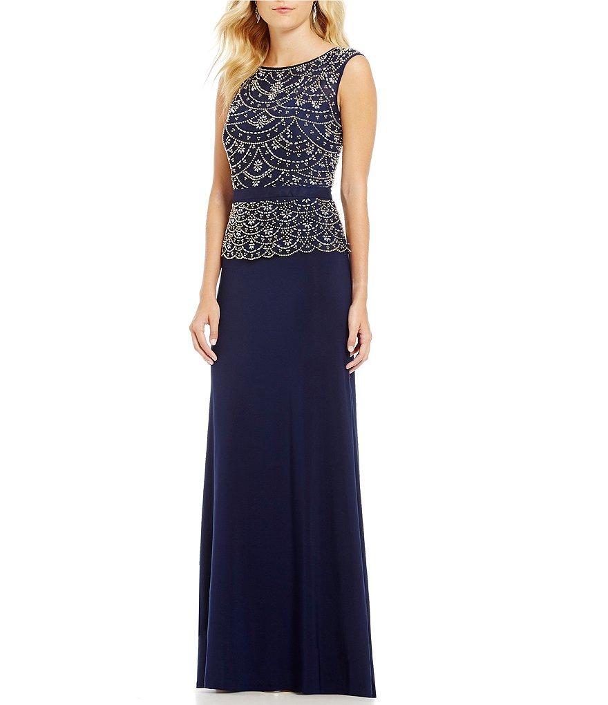 Cachet - 58245 Embellished Bodice Peplum Sheath Gown In Blue and Gold