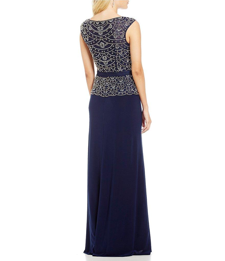 Cachet - 58245 Embellished Bodice Peplum Sheath Gown In Blue and Gold