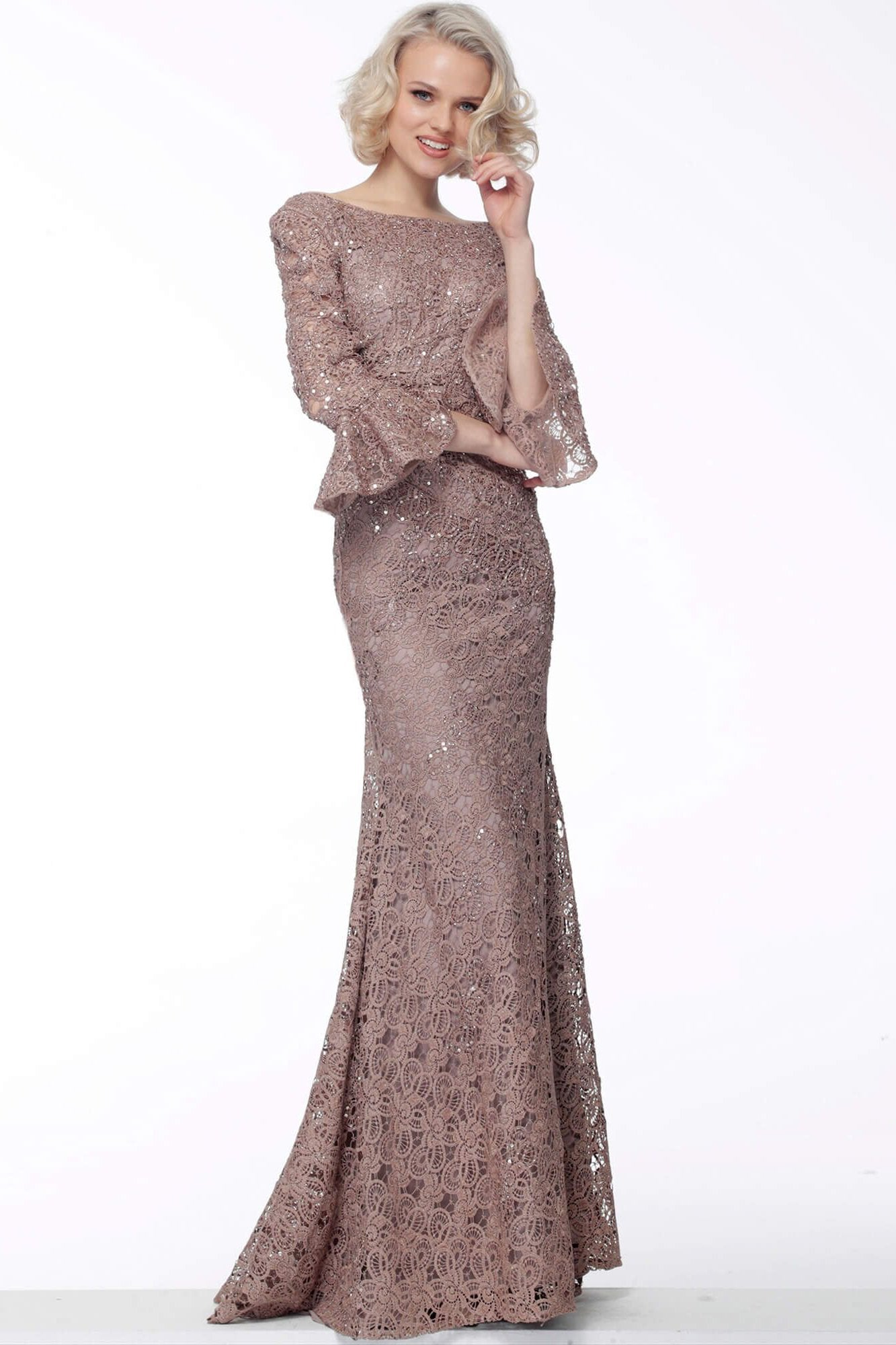 Jovani - 65540 Embroidered Boat Neck Long Dress In Brown and Neutral