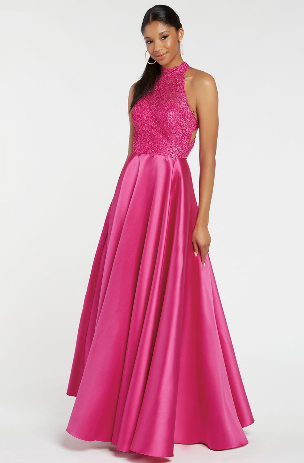 Alyce Paris - 60331 Halter Lace Appliqued Mikado Racerback Prom Gown In Pink and Red