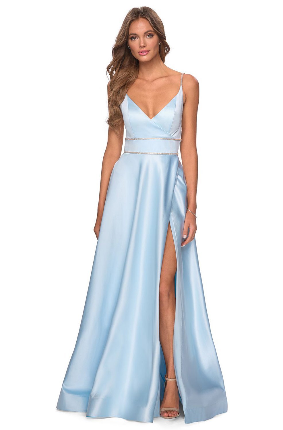 La Femme - Strappy Backless High Slit A-Line Dress 28385SC In Blue