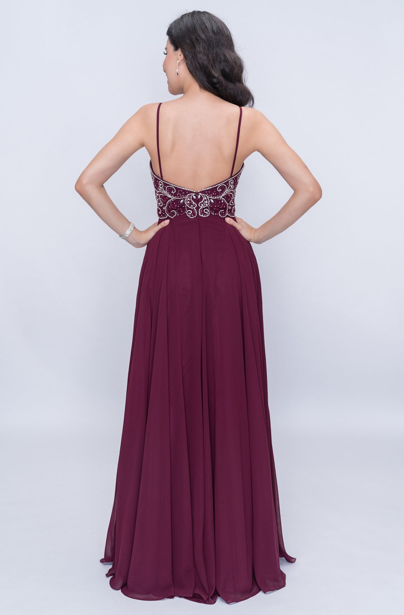 Nina Canacci - 6509 Scroll Beaded Plunging Sweetheart Chiffon Gown in Red