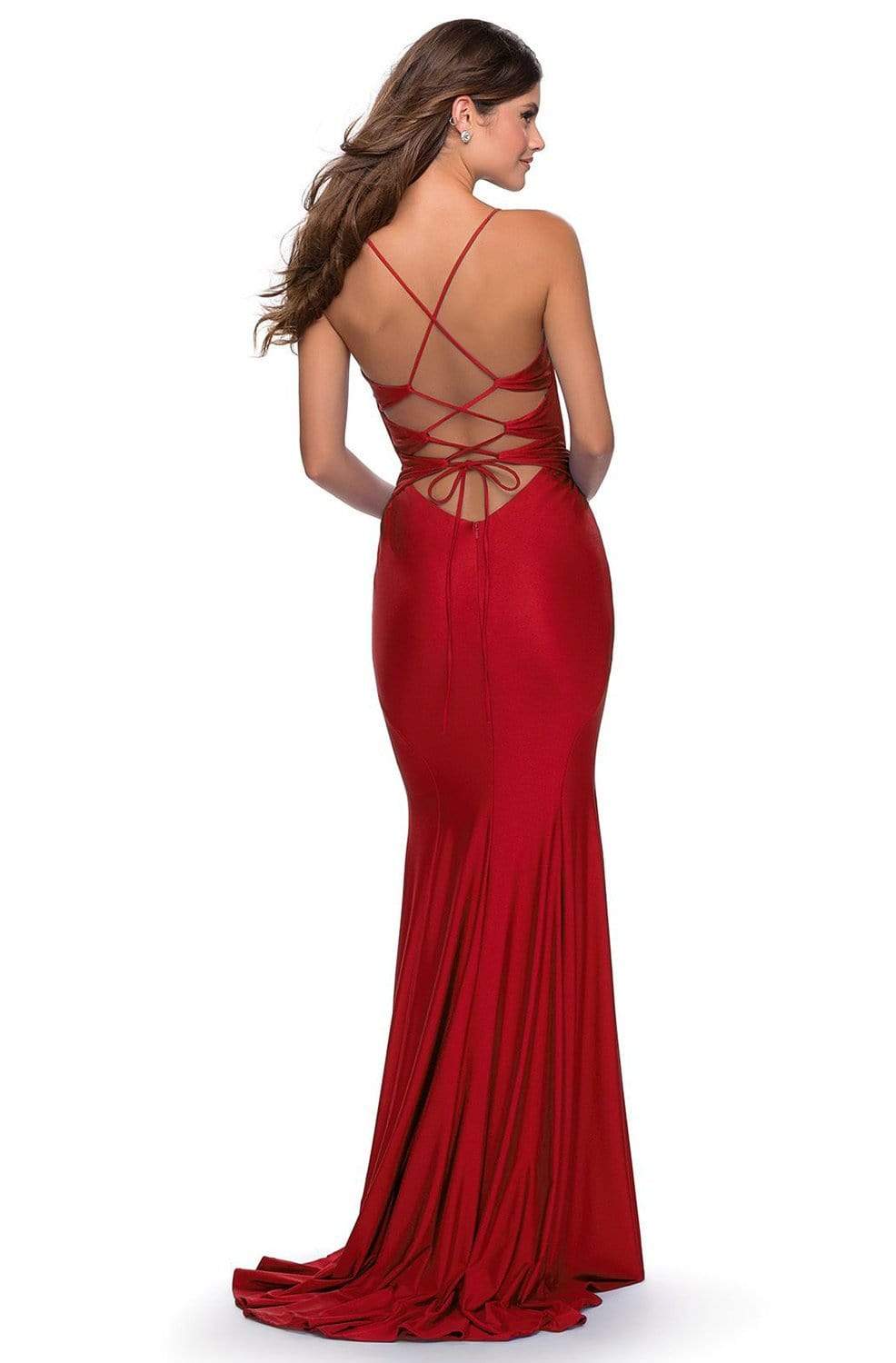 La Femme - Strappy Plunging V-neck Jersey Trumpet Dress 28574SC - 2 pc Red In Size 10 Available CCSALE 10 / Red
