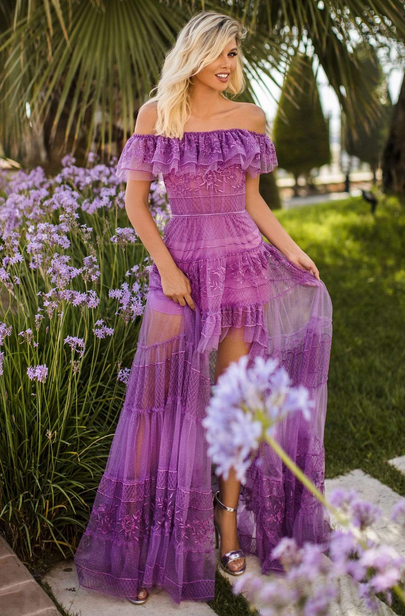 Tarik Ediz - 50777 Ruffle Off Shoulder Sheer High-Low Dress Evening Dresses