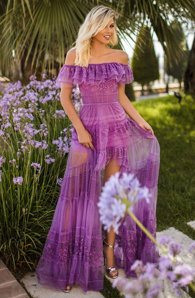 Tarik Ediz - 50777 Ruffle Off Shoulder Sheer High-Low Dress Evening Dresses