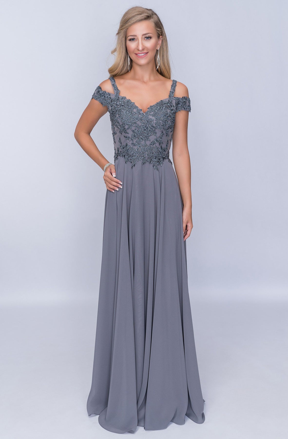 Nina Cannaci - Embroidered A-Line Evening Dress M507 In Gray