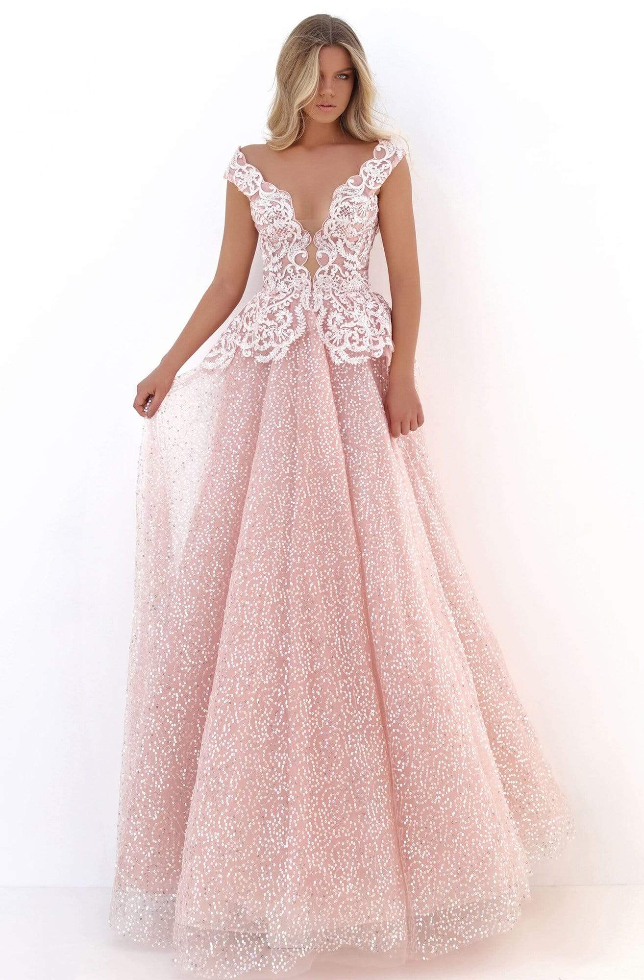 Tarik Ediz - 50703 Embroidered Deep V-neck Ballgown Ball Gowns 0 / Pink
