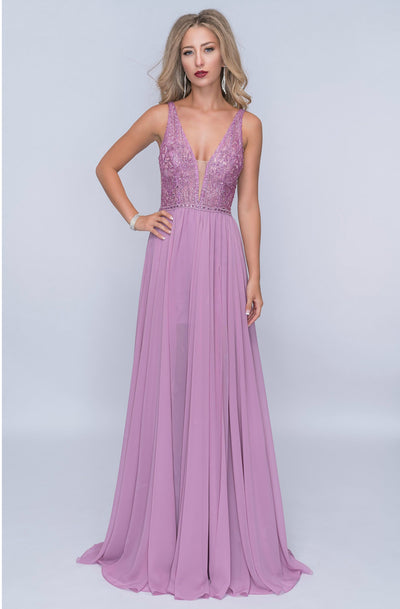 Nina Canacci - 8159 Embellished Plunging V Neck A-Line Gown In Purple
