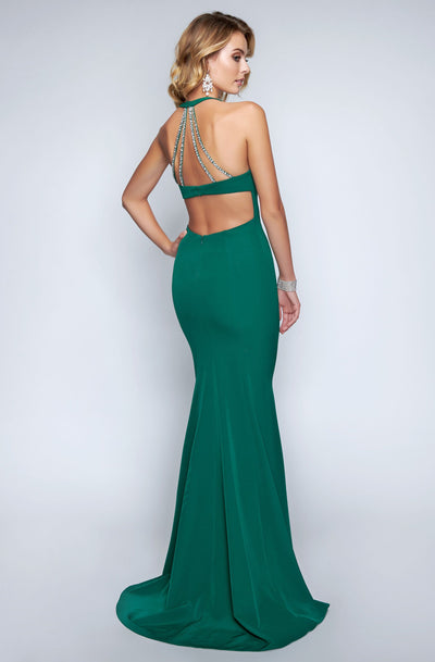 Nina Canacci - 6025 Plunging Halter Fitted Evening Gown In Green